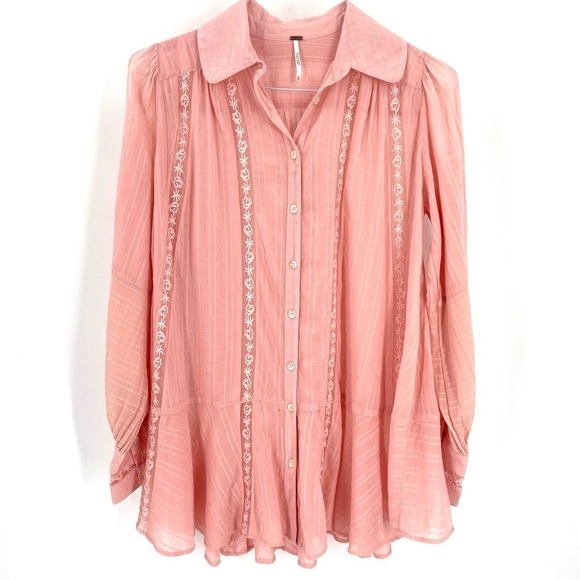 FREE PEOPLE Mikaela Pink Long Sleeve Button-Down Embroidered Tunic Blouse Top - Picture 3 of 7